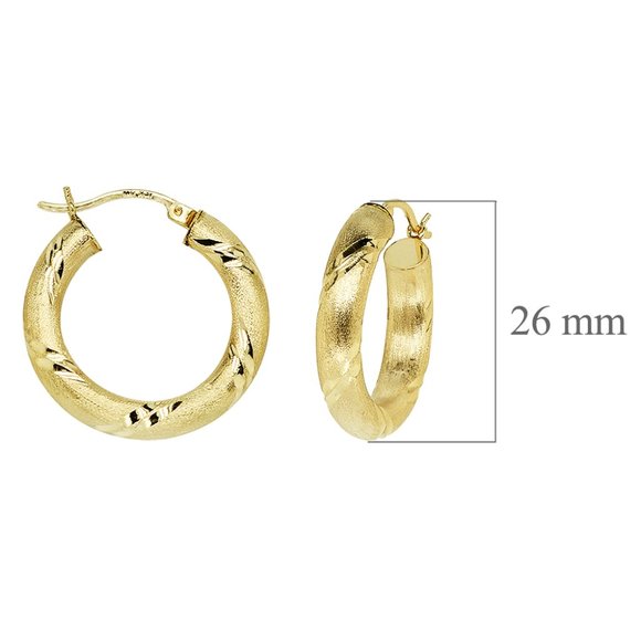 Satin Finish Diamond Cut Hoop Earrings 14K Yellow Gold - Picture 4 of 4